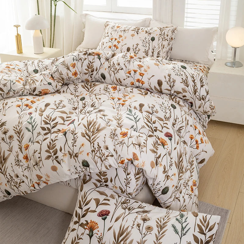 housse couette motif floral moderne pièces blanc cassé orange marron vert douce machine laver