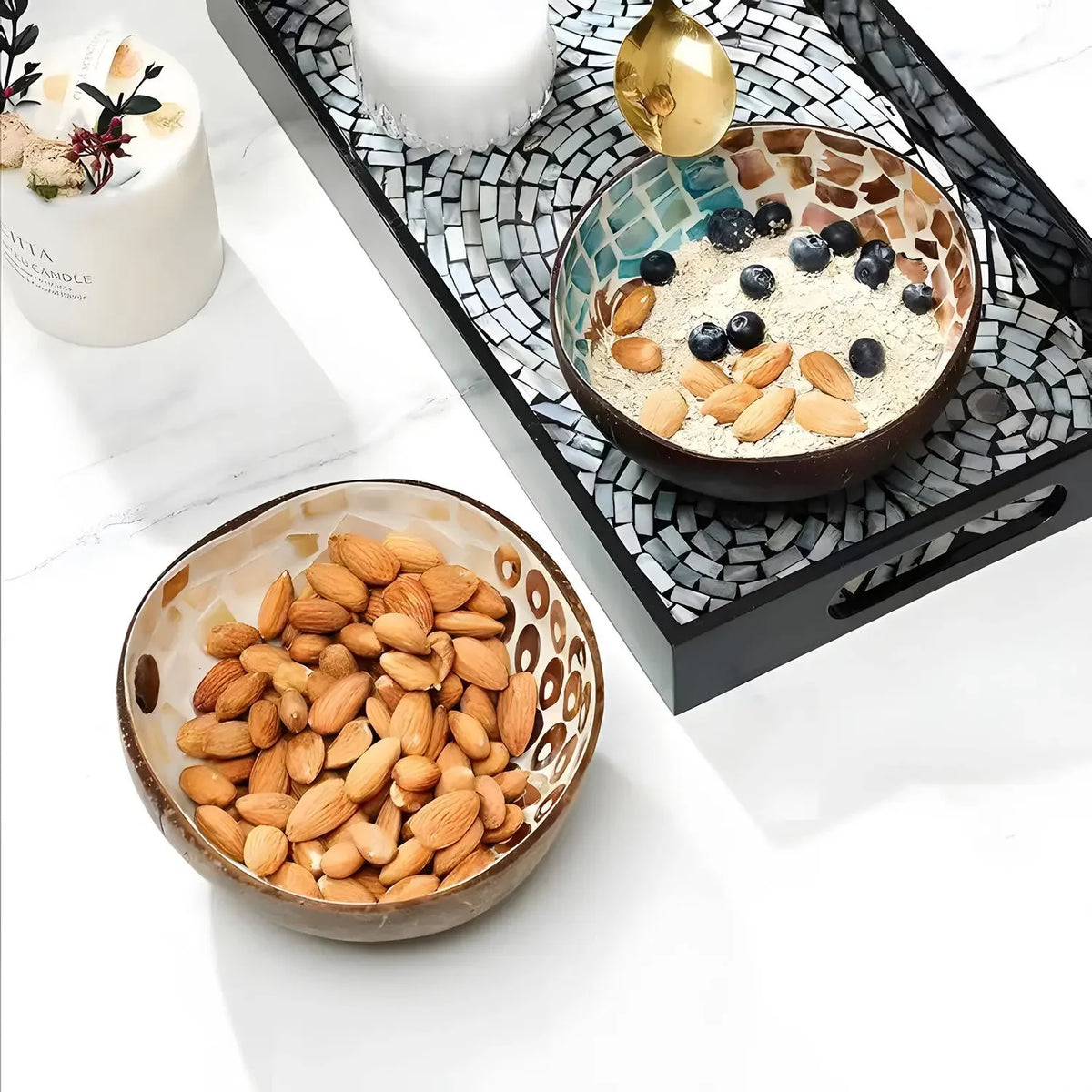 bol décoratif coquille coco artisanal mosaïque bois rangement bijoux clés maison