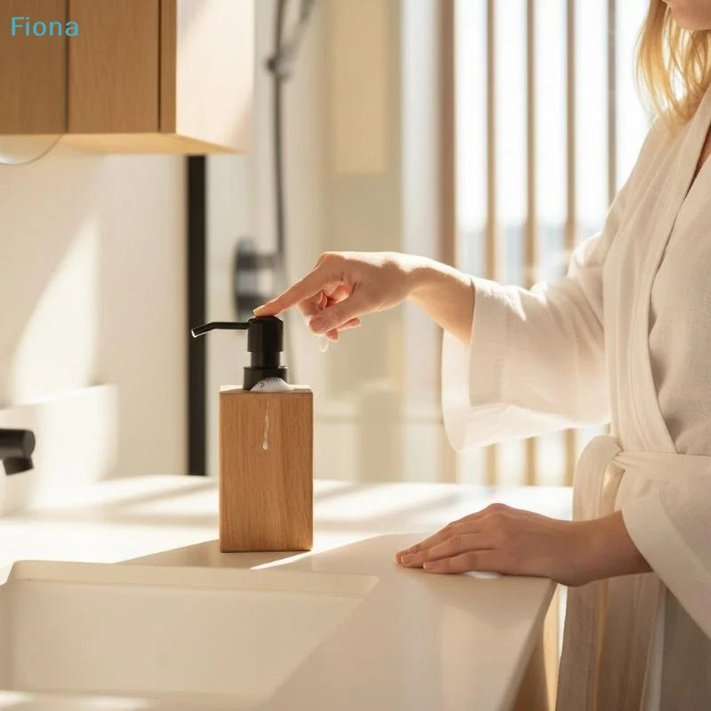 distributeur savon liquide bois naturel pompe noire moderne minimaliste salon cuisine rechargeable sophistiqué