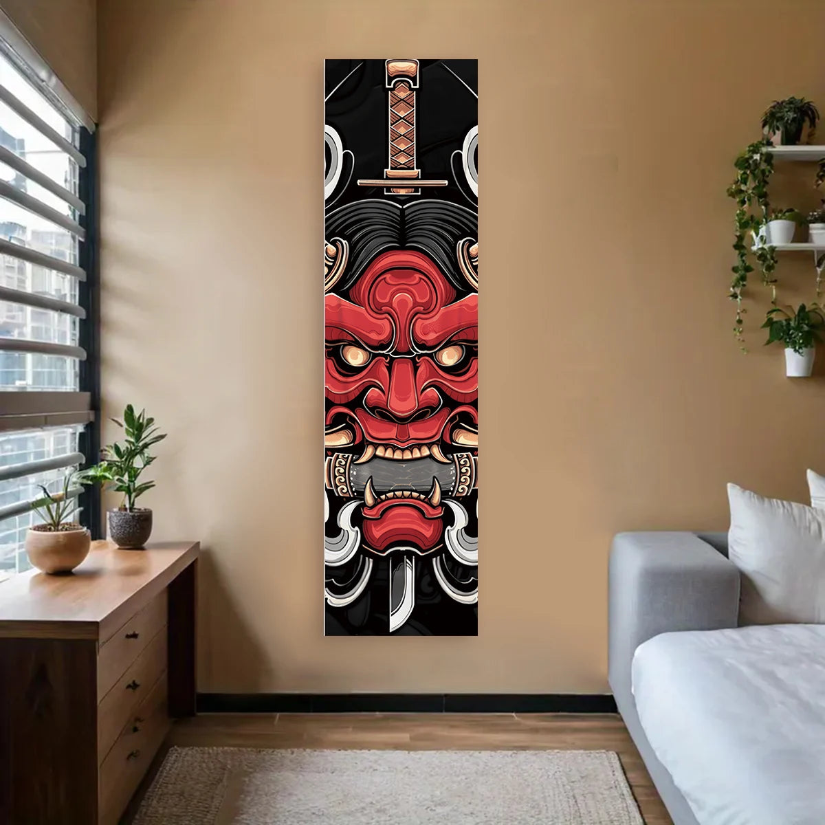 décoration murale moderne vague stylisée soleil stylisé texte japonais opaque rouge noir blanc chambre