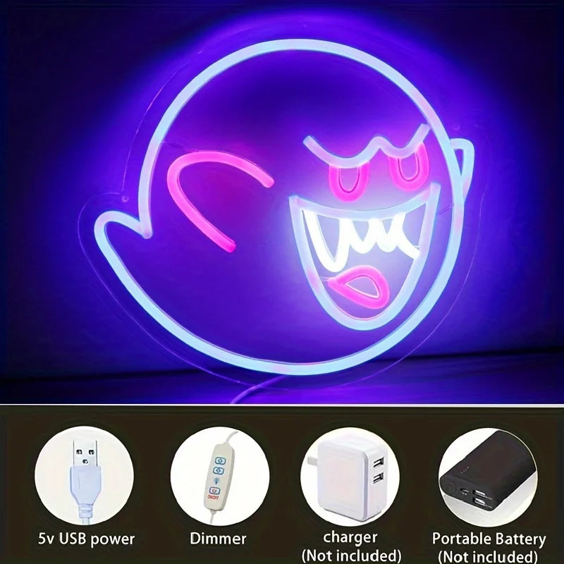 lampe néon led bleu rose fantôme souriant chargeur usb portable chambre décoration festive documents