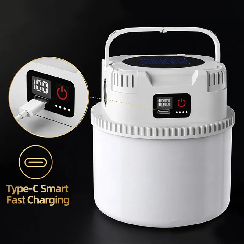 lanterne solaire portable camping led rechargeable fixation poignée écran digital prise type