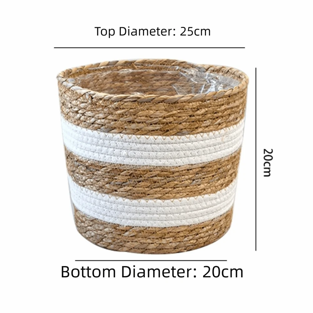 panier bohème cylindrique texture fibreuse strié beige blanc intérieur transparent plantes fleurs