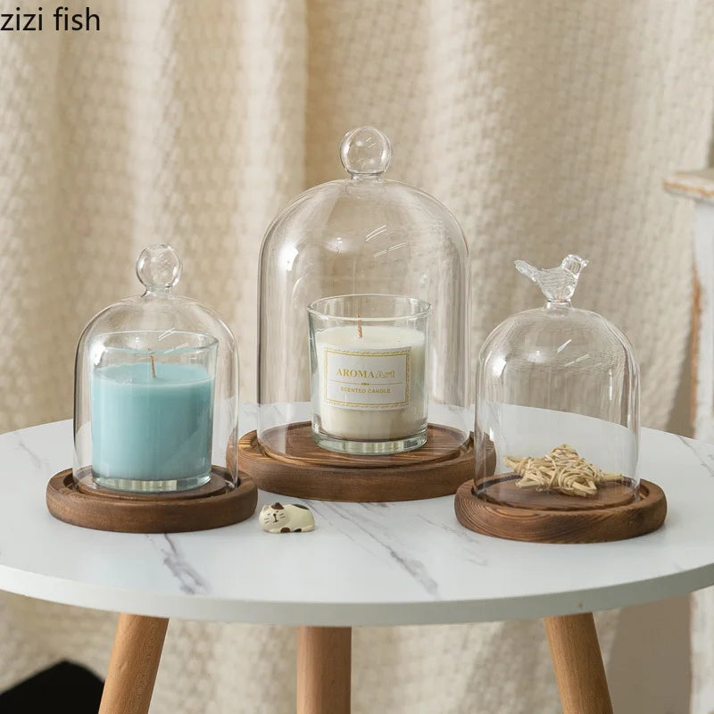cloche verre transparent base bois bougie parfumée pinçon décoratives
