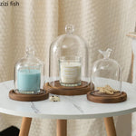 cloche verre transparent base bois bougie parfumée pinçon décoratives