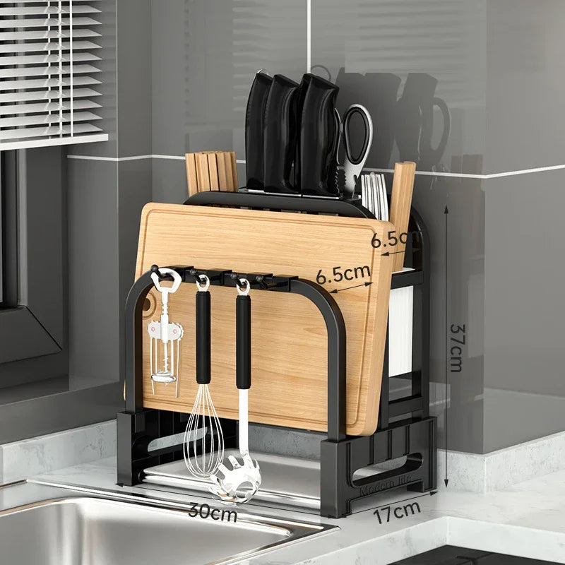 support cuisine rangement noir planche découper couteaux ustensiles modernes minimalistes