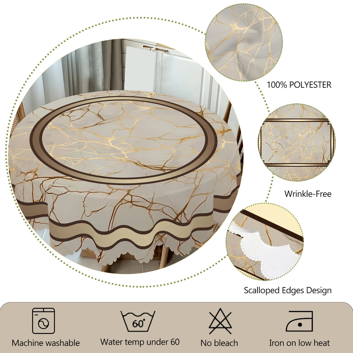nappe table marbre doré classique imperméable extérieur mariage pâques beige marron veines scallops