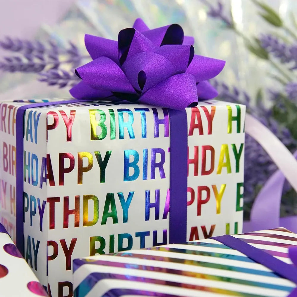 papier cadeau anniversaire moderne rayures diagonales points brillants happy birthday blanc multicolore festive