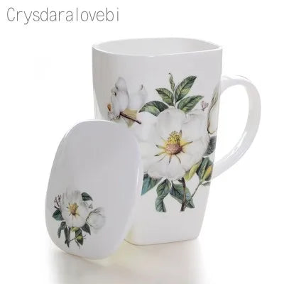 tasses thé céramique fleurs classiques poignées couvercle blanc rose vert