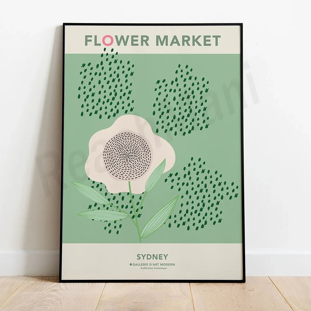 Affiche stylisée représentant un marché aux fleurs à Sydney, avec une fleur blanche au centre entourée de touches de vert représentant la végétation.