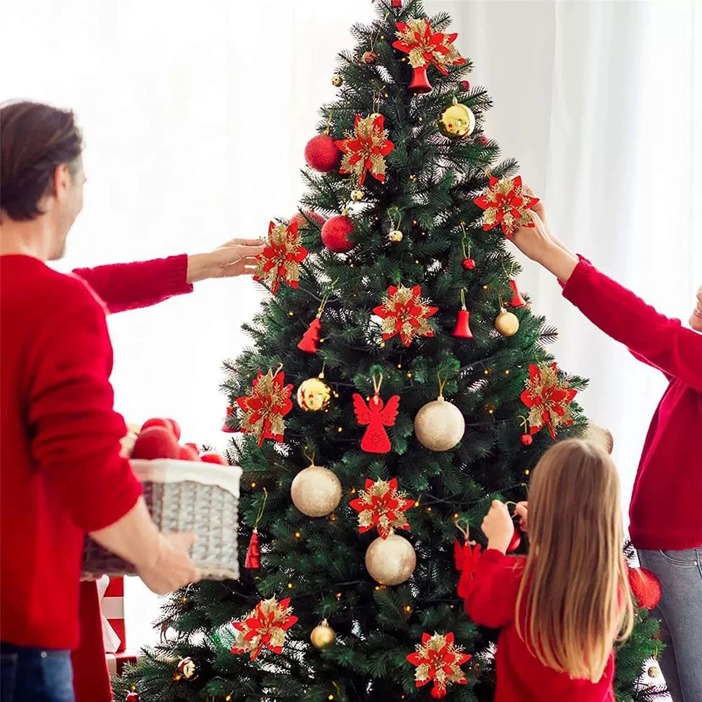 décoration fleurs artificielles poinsettia rouge doré blanc brillant arbre noël fête maison