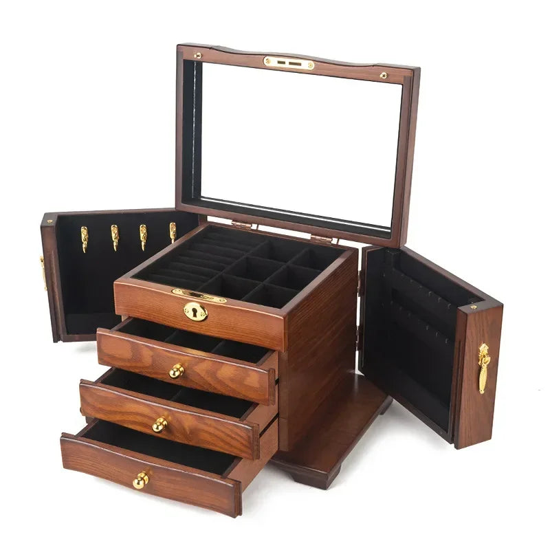 boîte bijoux bois velours marron clair poignées dorées serrure classique compartments sécurité transporte bijoux