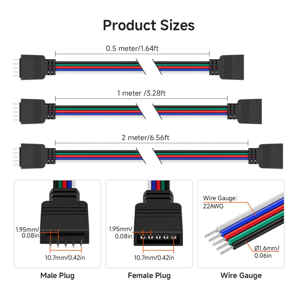 câbles led connecteurs mâle femelle 4pin 5pin 6pin 5pcs 100cm 200cm 50cm clips modernes