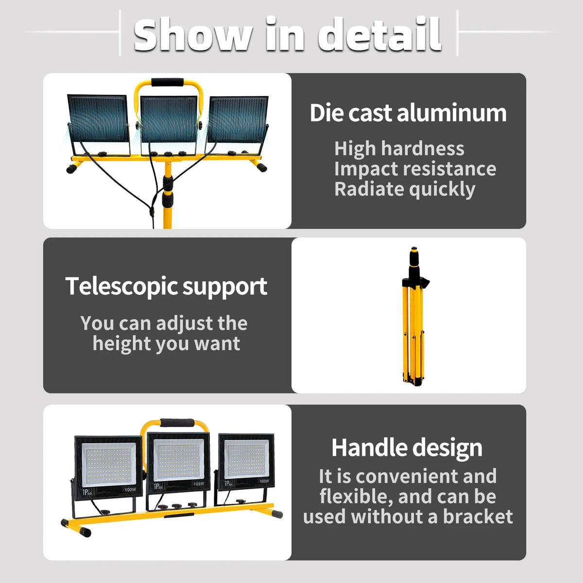 lampe travail portable urgence jaune noire ip66 led aluminium moderne câble prise optique support