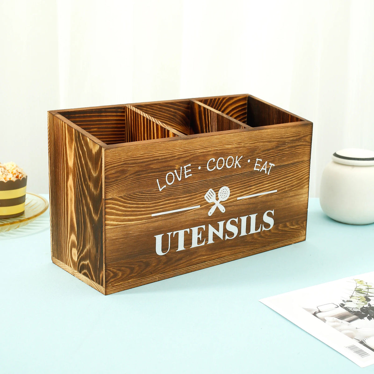 boîte ustensiles bois naturel rustique moderne compartiments ustensiles gris organisateur cuisine