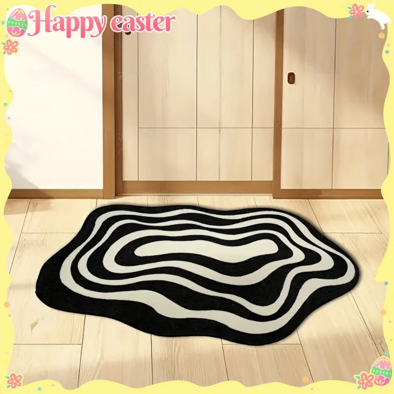 tapis noir blanc moderne rayures ondulées polyester imperméable antidérapant usage multiple intérieur extérieur
