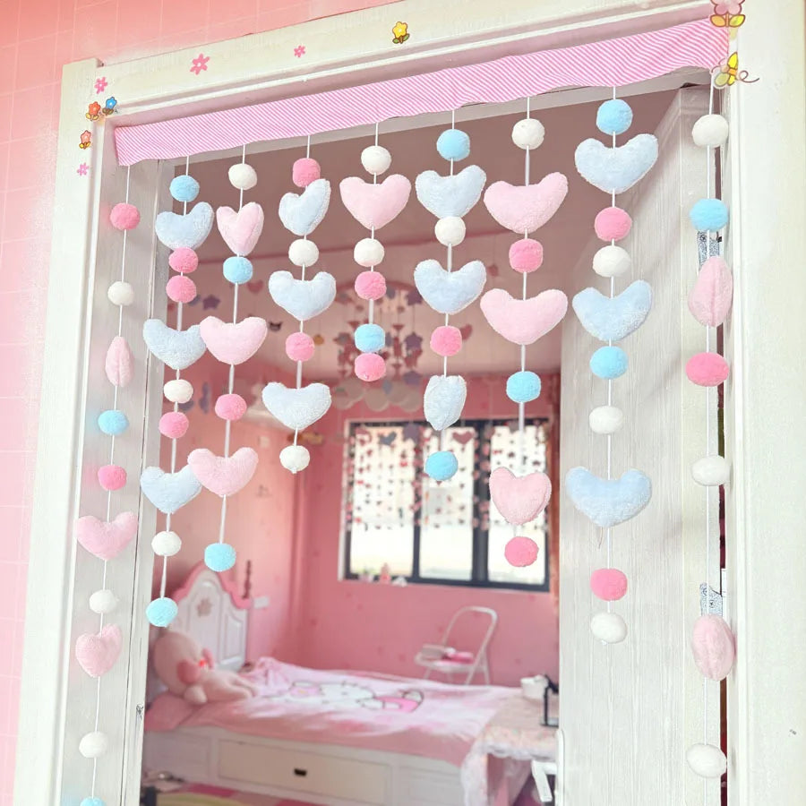 rideau décoratif rose semi transparent papillons étoiles pompons velours polyester doux