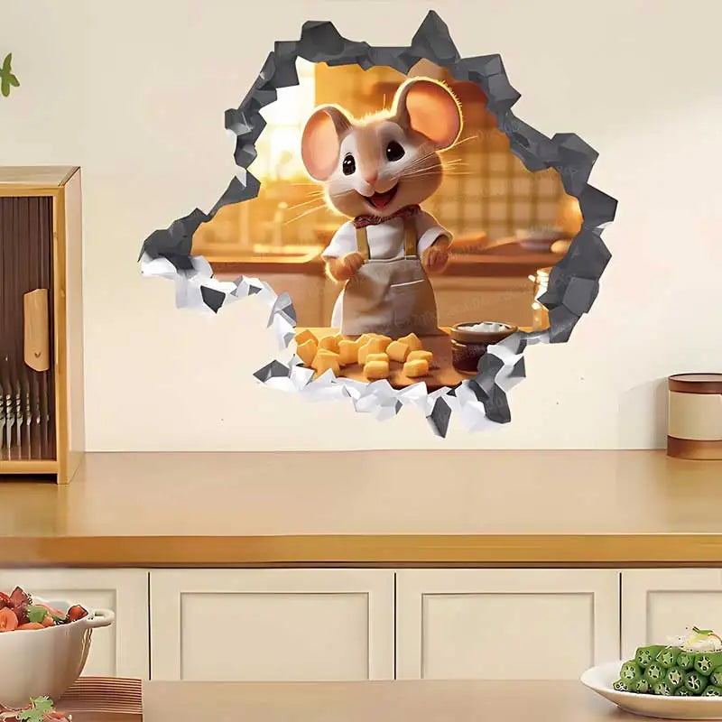 autocollants murals souris cuisine cartoon fromage légumes ustensiles pvc résistants blanc beige gris