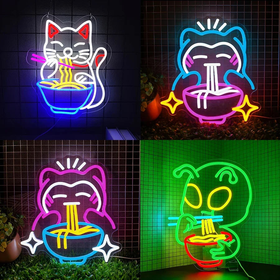 décoration murale néon chat nouilles ramen couleurs vives moderne suspension câbles usb