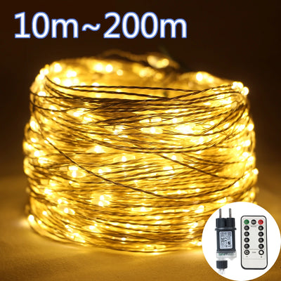 Guirlande lumineuse LED 50M fil argent illumine un jardin la nuit