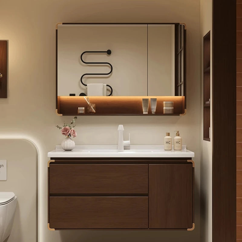 meuble salle bain moderne miroir étagère rangement blanc marron bois naturel