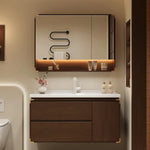 meuble salle bain moderne miroir étagère rangement blanc marron bois naturel