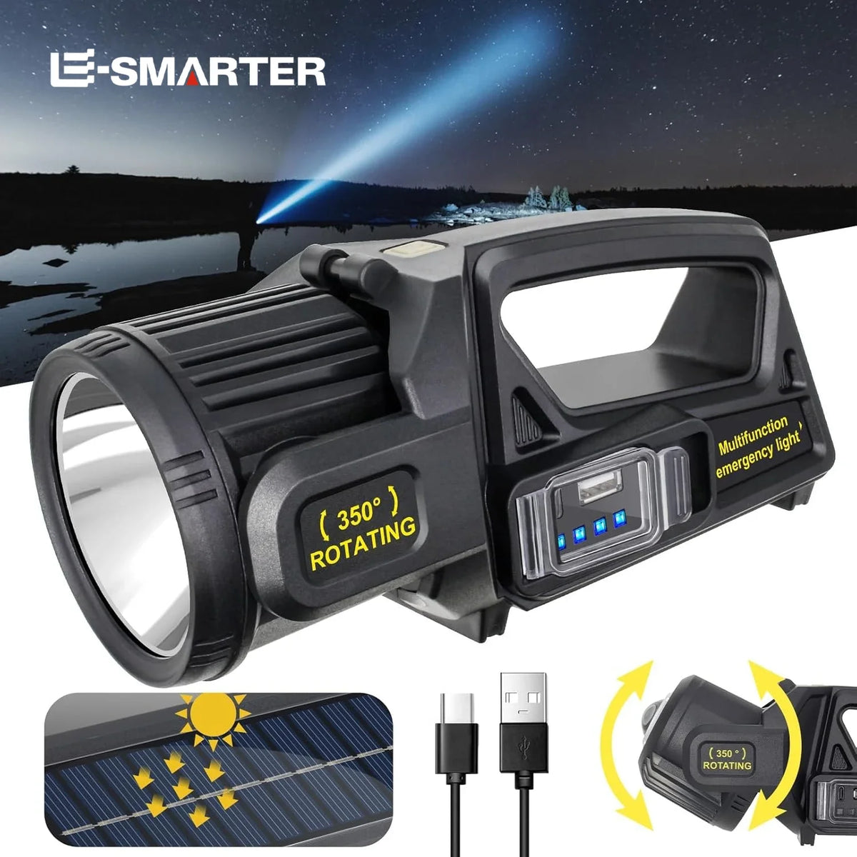 lampe torche rechargeable led modes lumineuse moderne auto défense rotation 350 độ réglage paliers