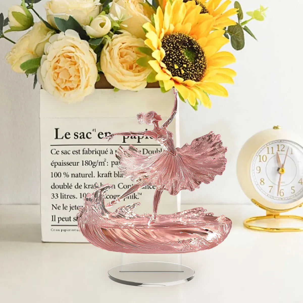 danseuse ballet sculpture art contemporain rose pâle tutu ondulations base transparente décoration intérieure 20cm