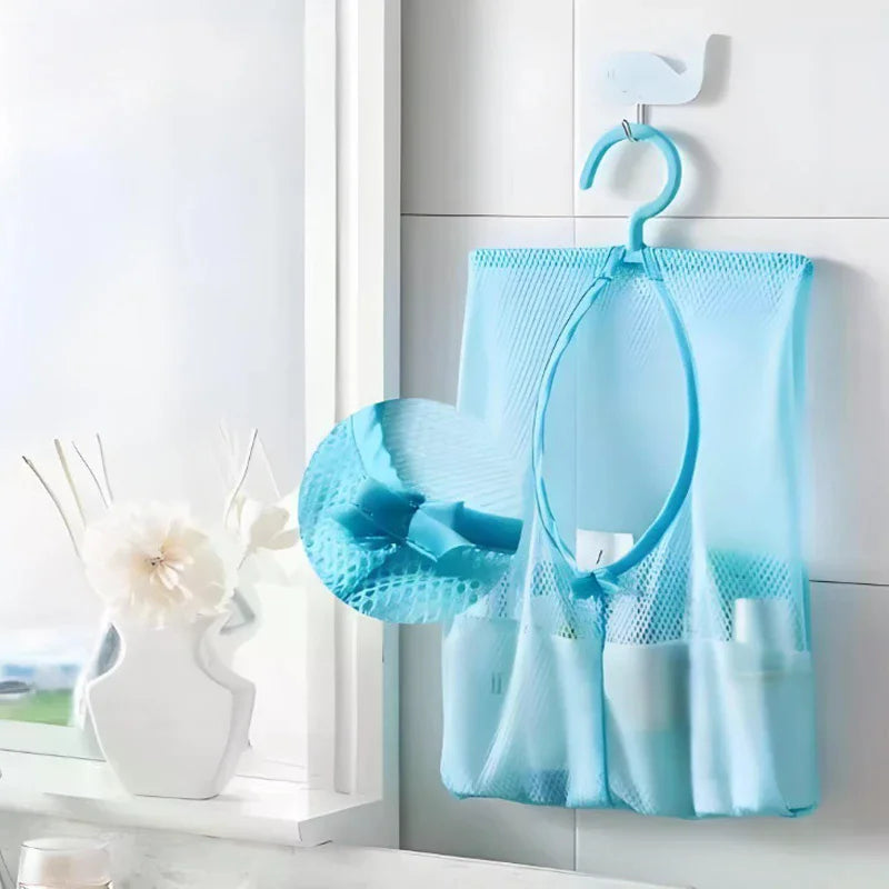 sac rangement suspendu filet transparent rose bleu blanc multiple poches cosmétique toile