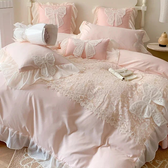 ensemble literie romantique violet rose dentelle blanche fronces bordures vintage filles chambre adolescente