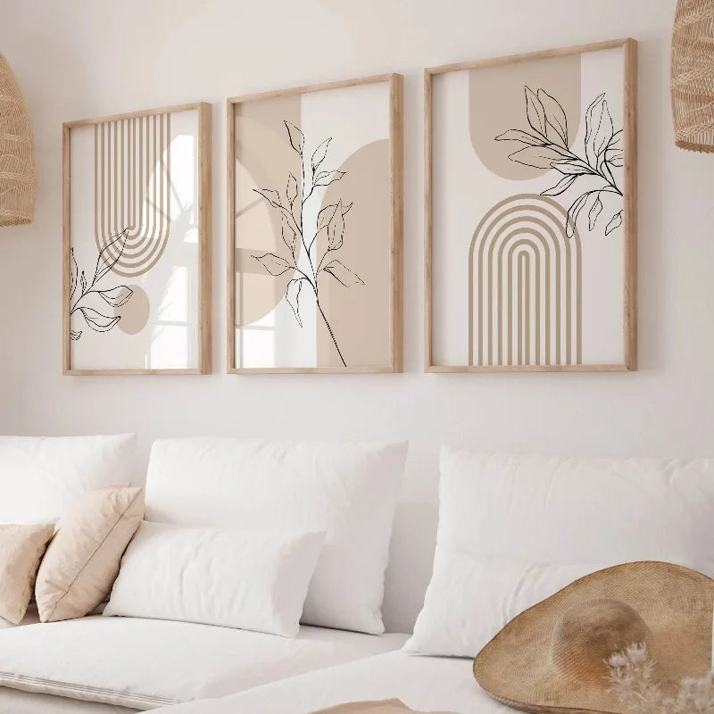 tableaux modernes minimalistes toile lignes géométriques feuilles stylisées beige noir blanc chambre salon
