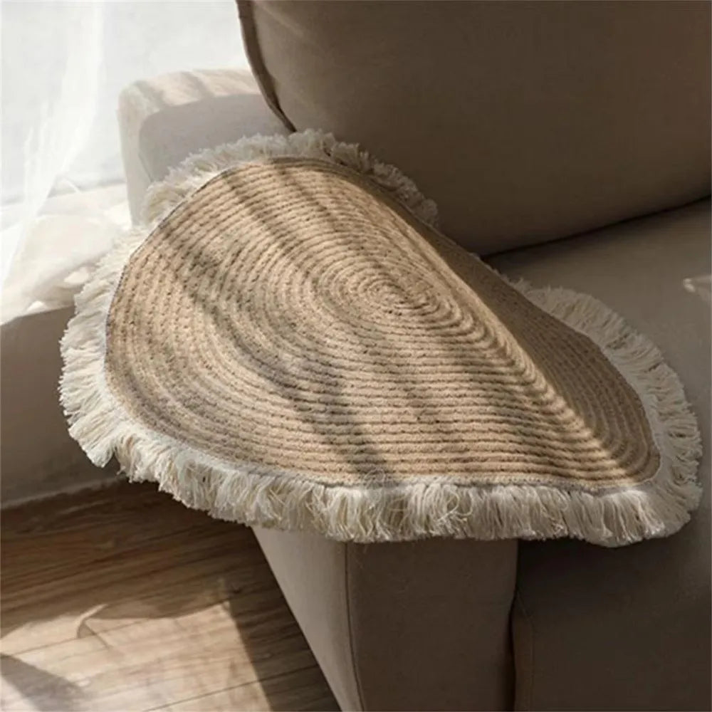 tapis boho tissé concentrique franges blanches fleur artificielle beige clair rustique durable lavable 40