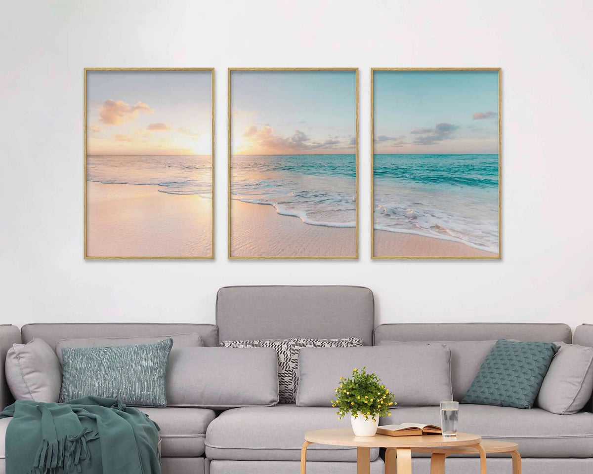 affiches murales moderne paysage marin coucher soleil beige blanc bleu clair rose pâle minimaliste