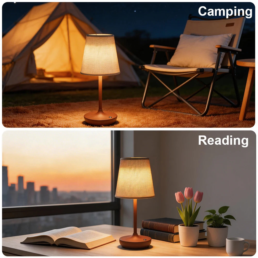 lampe chevet portable sans fil abatjour tissu texturé base marron abatjour crème controle tactile