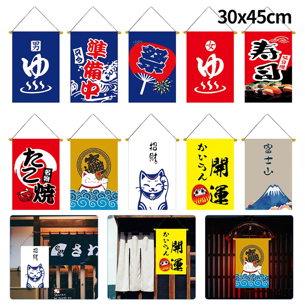 bannière japonaise traditionnelle chats porte bonheur motifs fans mont fuji clips oxford cloth bleu