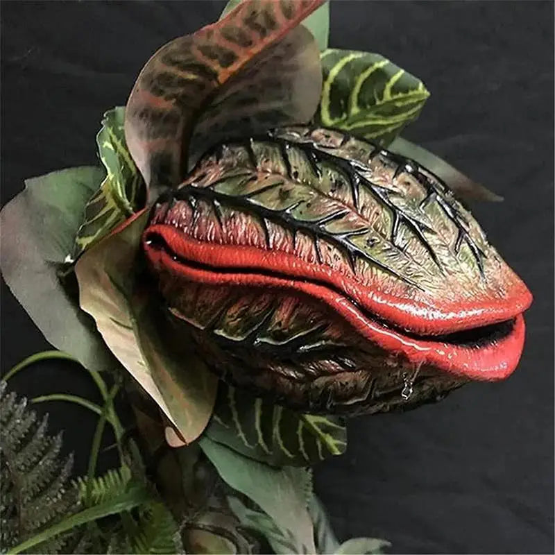 statue plante carnivore audrey ii halloween réplique plante vert rouge marron feuilles texturées pot