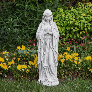 statue vierge marie résine blanche sculpture détaillée rosier pieds apparents classiqueextérieur jardin patio couloir