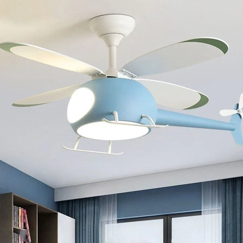 ventilateur lampe intégrée hélicoptère bleu blanc jaune moderne télécommande led enfants chambre salon