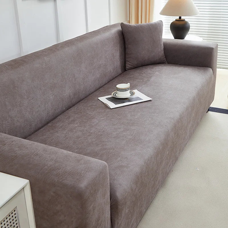 Housse canapé marron texture cuir moderne adhésif lavage machine tout compris