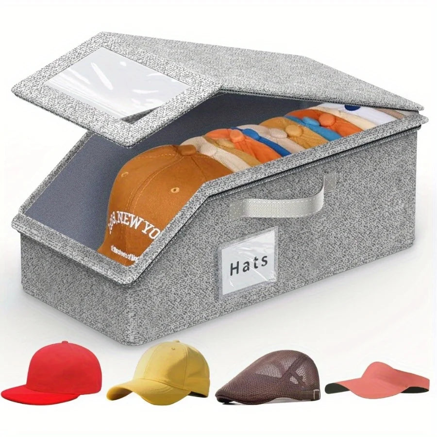 boîte rangement chapeaux gris tissu moderne fenêtre transparente anti poussière pratique réutilisable organisateur chapeaux
