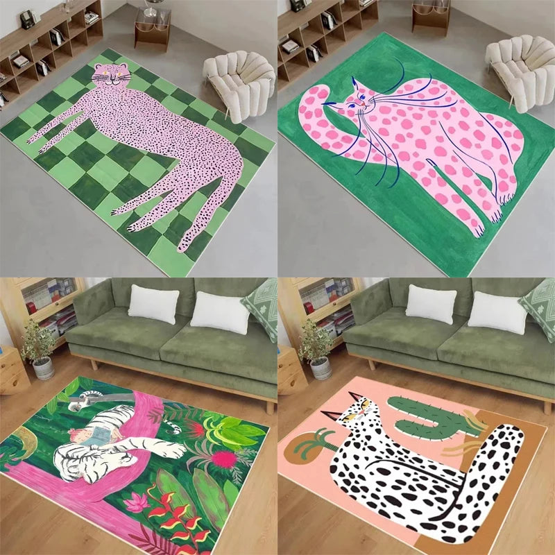 tapis salon chambre moderne motif léopard chat décoratif intérieur polypropylène peluche vert rose noir