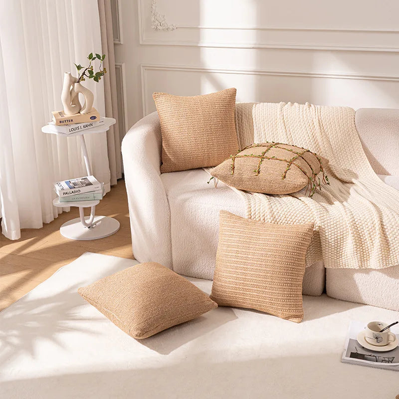 housse coussin tissée jute motif quadrillé vert rustique décor feuilles