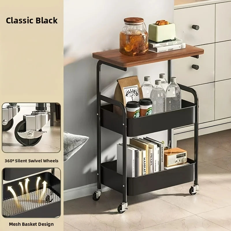 chariot roulant multi niveaux acier inoxydable plateau bois moderne stockage organisation cuisine salle bain