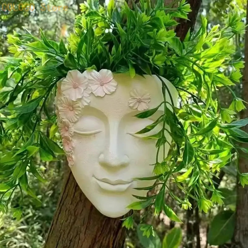 jardinière murale masque sculptural blanc fleurs relief opacité artistique fixation œilletsextérieurintérieur