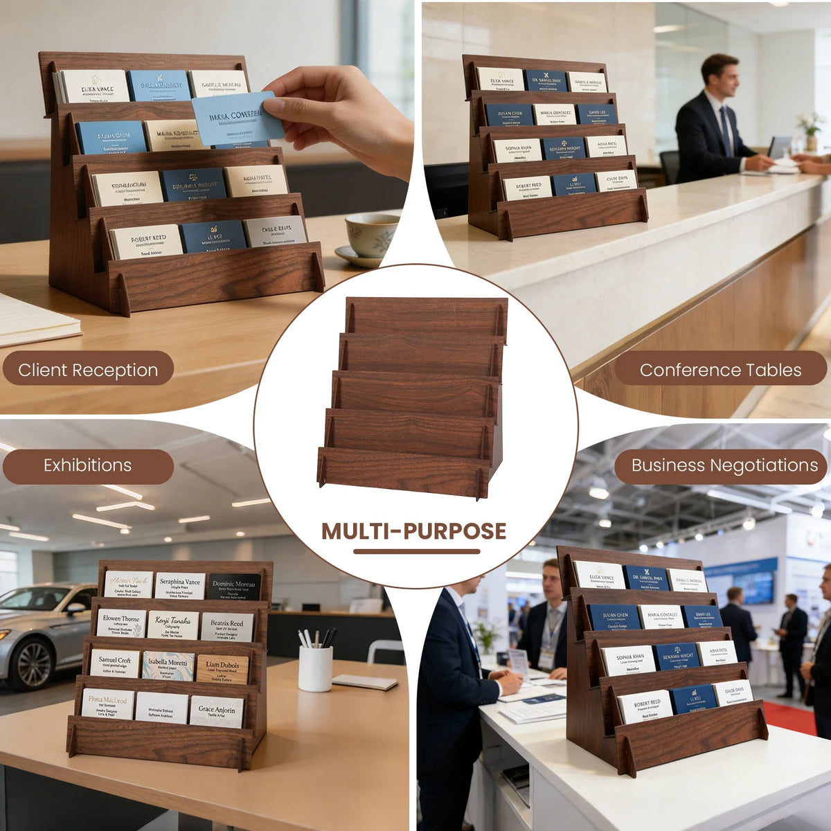 présentoir bois quatre niveaux moderne support cartes visite brochures salons artisanat retail echangiste écologique
