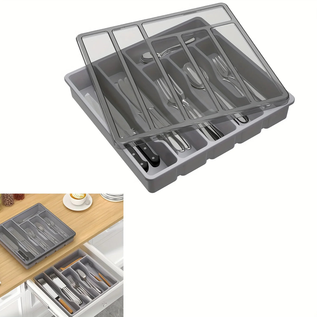 organisateur couverts gris moderne rangement fourchettes cuillères couteaux vaisselle cuisine plate lisse pratique efficace