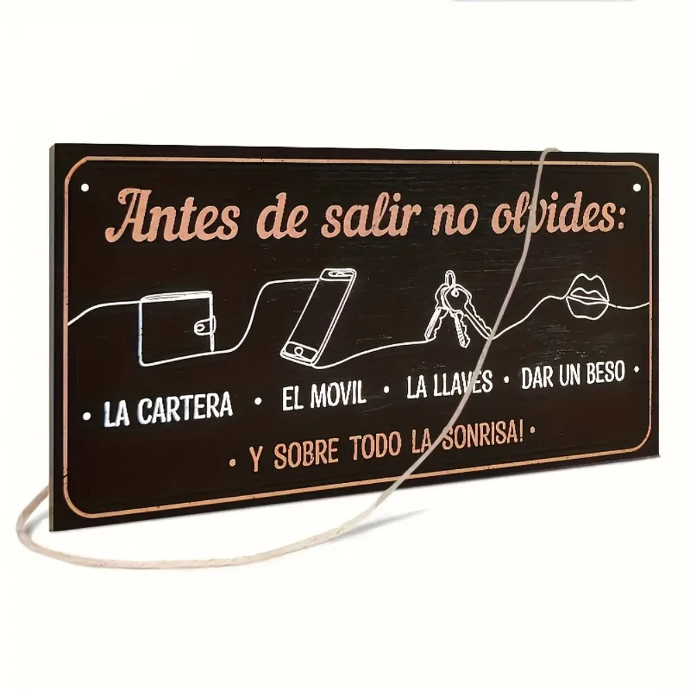 plaque décorative métal noir icônes blanches sac téléphone clés lèvres corde fixations classique mur