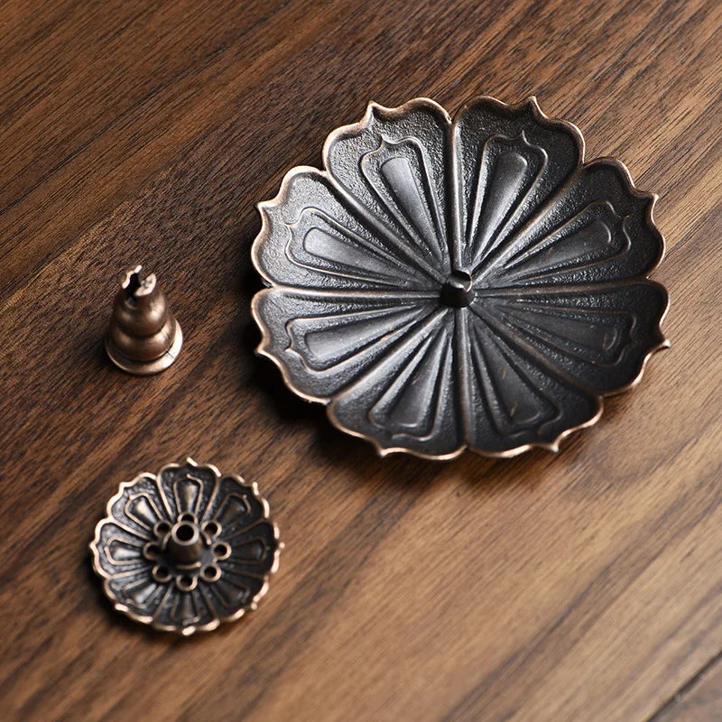 support encens fleur lotus métal noir doré artisanal traditionnel sans fixation brûleur encens salon