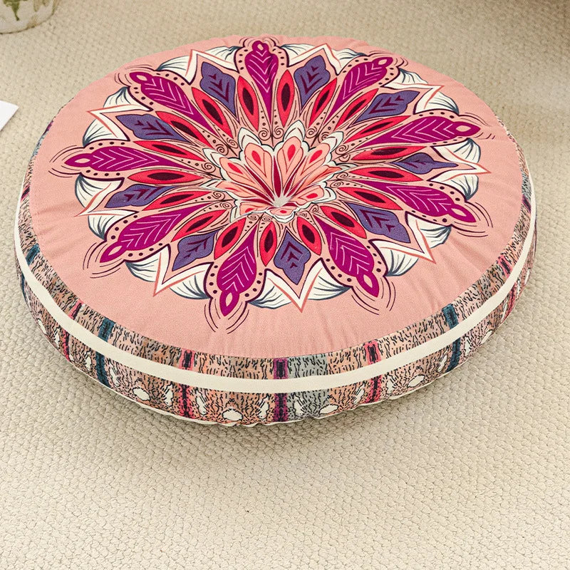 coussin rond boho chic motifs floraux géométriques antidérapant polyester blanc bleu