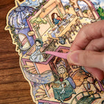sticker vintage steampunk puzzle livre ouvert illustration détaillée personnages bâtiments floral multicolore enfants